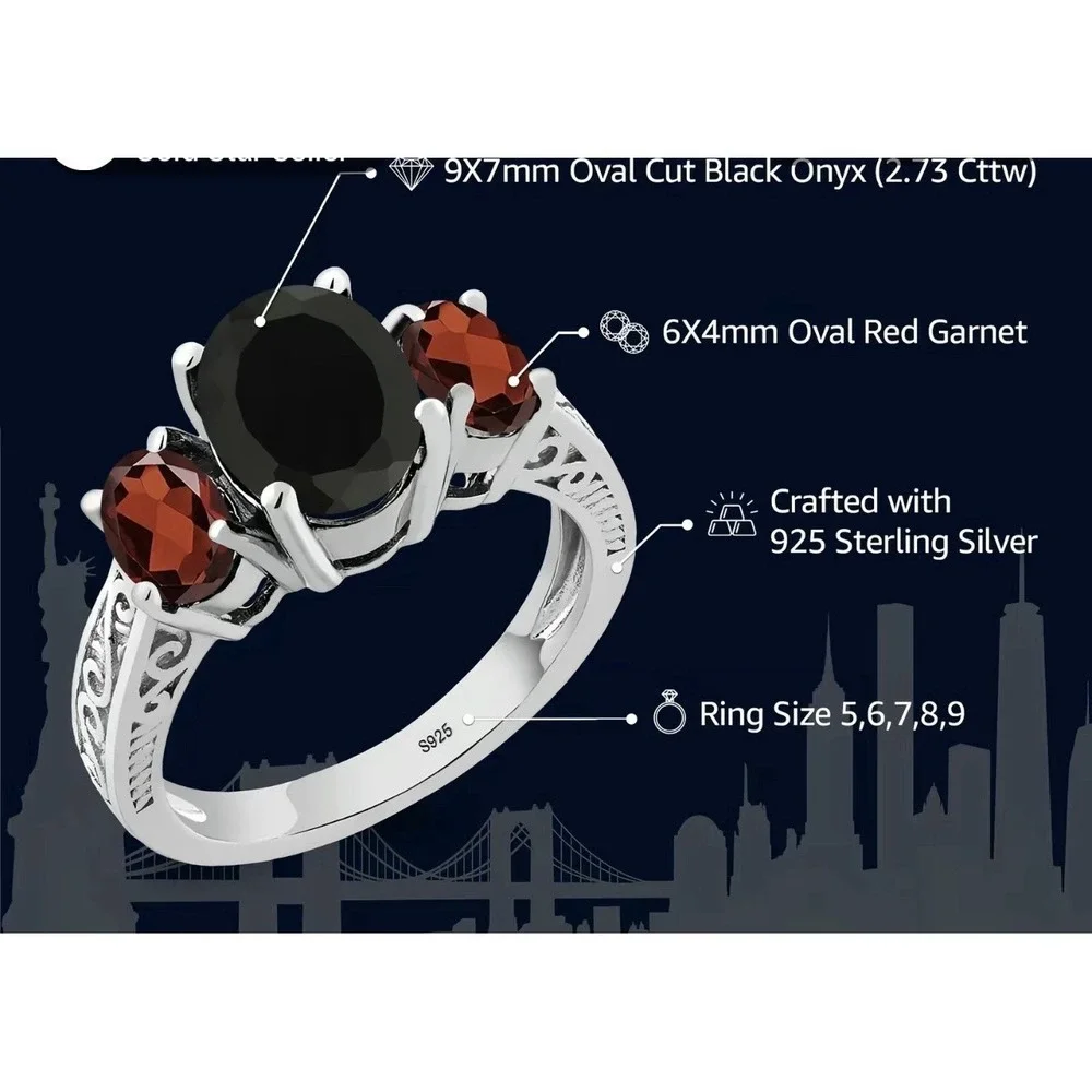 2.73 Cttw Onyx and Garnet 3 Stone‎ Ring For Women | 925 Sterling Silver |